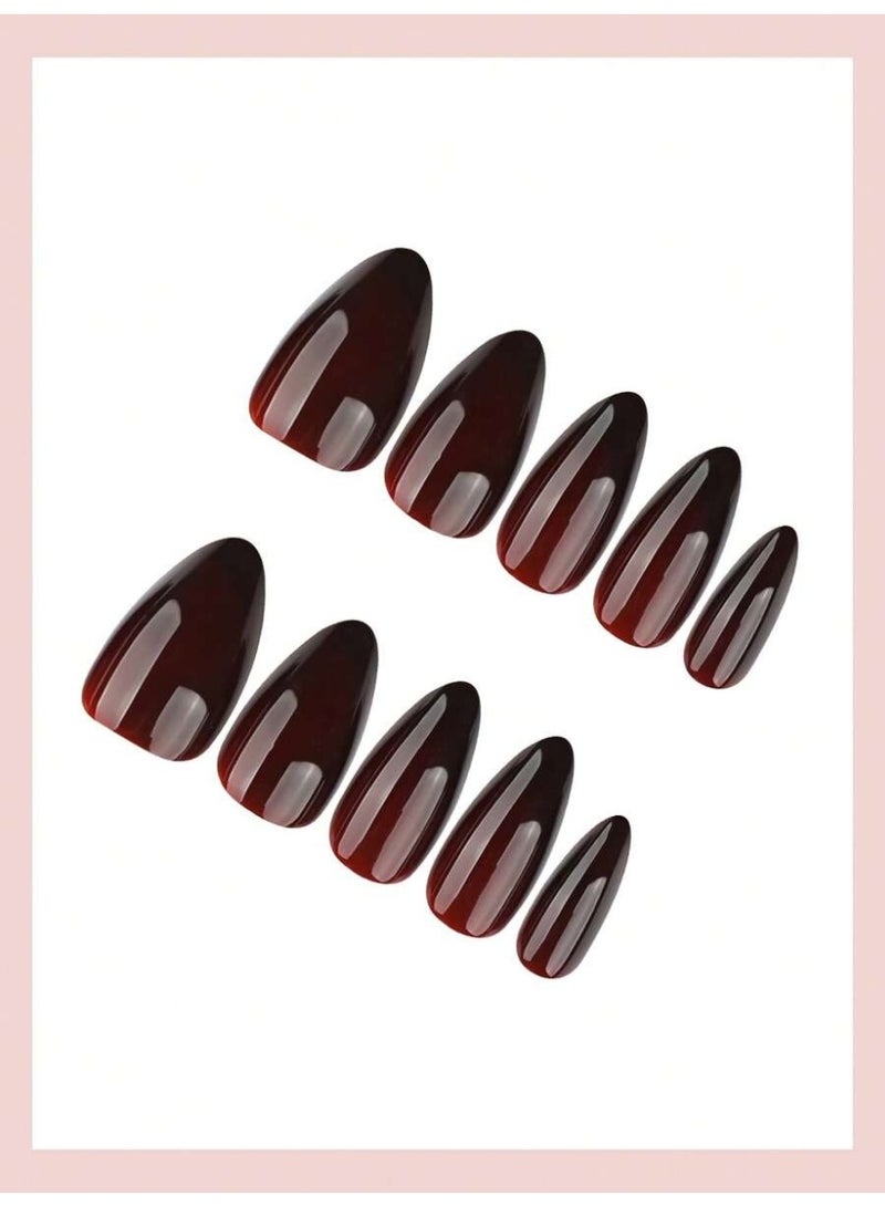 أظافر تركيب لون عنابي غامق 24 قطعة – شكل لوزي/مدبب لامع مع ملصقات لاصقة ومبرد - Image 3